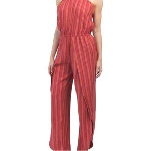 DREW Anthropologie open leg linen blend striped jumpsuit red elastic waist Large
